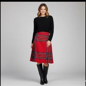 Vintage Highland Queen Wool Plaid Skirt Red Tartan Pleated High Waist Midi Small
